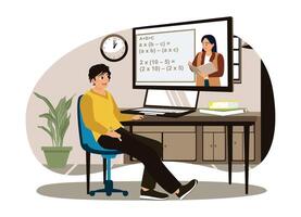 Young student watching lesson online and studying from home. vector