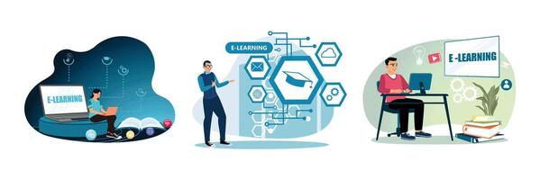 A collection of illustrations depicting online learning. Innovative e-learning concept. vector