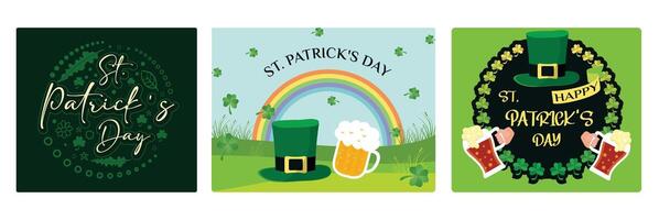 St. Patrick's Day Design Festive Patrick with a leprechaun hat, shamrock, and two mugs of beer vector