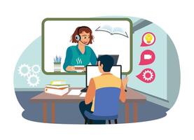 Male students use virtual conferencing on laptop computers and study at home. vector