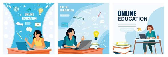 E-learning education, internet lessons and online webinars. vector