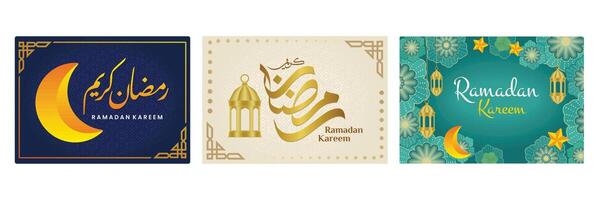 Ramadan Kareem greeting card with crescent moon and Arabic calligraphy. Ramadan concept. vector