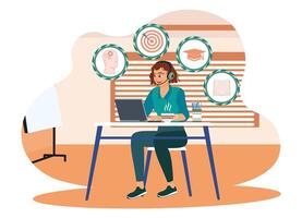 A woman listens to a tutor on a laptop, gaining new knowledge by taking notes of information. vector