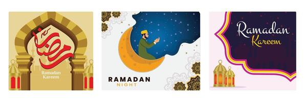 Ramadan Kareem greeting card with architecture, lanterns, and Arabic calligraphy vector