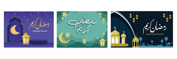 Ramadan Kareem greeting card with golden mosque, lanterns, and palm trees. Ramadan concept. vector