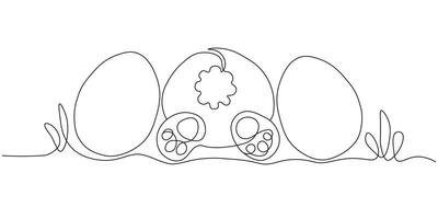 Continuous one line drawing of a bunny and easter eggs. Minimalist outline illustration on Easter theme. vector