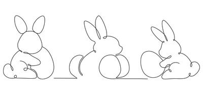 Collection of one line easter bunny silhouettes. Set of line art illustrations. Easter bunnies isolated on white background. Design element for easter holiday vector