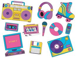 Back in to 1990 themed collection. featuring music, tech, fashion, and lifestyle items. Perfect for nostalgic designs or retro inspired projects vector