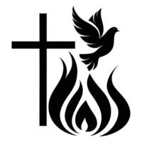 A cross and a dove are flying over a fire vector