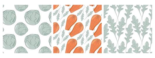 Brussels Sprout Heads Salmon steaks Arugula leaves Seamless patterns Healthy eating background Set 3. Isolated illustration Wallpaper Thematic Menu cards or web promo banner, leaflets, wrapping vector