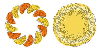 Hand Drawn Outline Lemon and Orange slices Abstract Yellow Orange Spots Circular Frame border Set 2. Copyspace Template. Isolated illustration Thematic Cards or web promo banner, leaflet, price vector