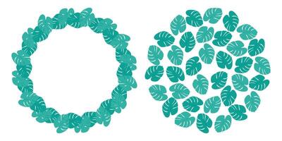 Monstera leaves Tropical Circular Frame border and Round Background Texture Copyspace Template Set 2. Isolated illustration Thematic Cards, poster, price tag, label or web promo banner, leaflet vector