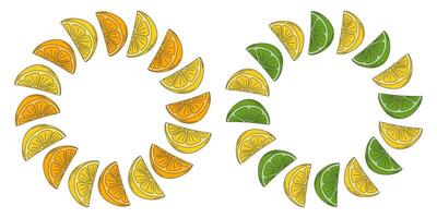 Orange Lemon and lime slices Circular Frame border Citruses fruits Copy space Template idea Set 2. Isolated illustration Cover, posters, leaflets, banners, brochures, price tag, label or web vector