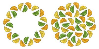 Lemon Lime orange slices Circular Frame border and Round Background Template Copy space idea Set 2. Isolated illustration Thematic Cards, poster, label or web promo leaflets, banner, price tag vector