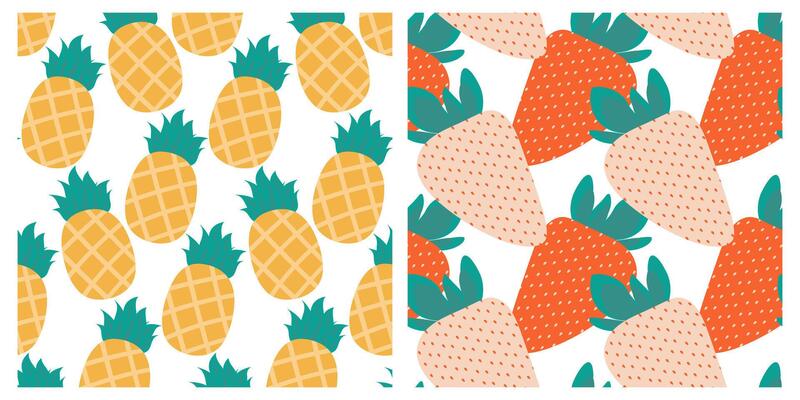 Whole Pineapple White and red strawberry with leaves Seamless Patterns Summer Fruit Background Set 2. Isolated illustration Wallpaper Thematic or menu cards, leaflets, label or web promo banner