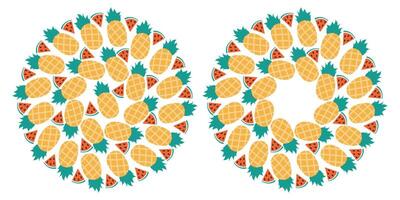 Triangular Watermelon slices with seed and Whole Pineapple Circle Frame Round Background idea Set 2. Copy space Template Isolated illustration Thematic cards or web promo banner, leaflet, price vector