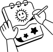 Making sun drawing on sketching notepad, doodle style icon vector