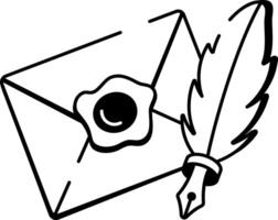 Wax seal envelope with a feather pen, doodle style icon vector