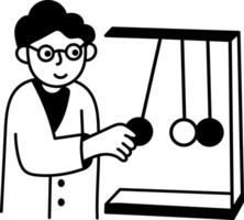 A scientist character doing pendulum experiment, hand drawn illustration vector
