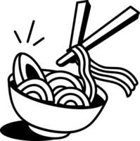 A doodle icon of noodles in a bowl with chopsticks vector