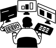 A character doing online research on multiple system, hand drawn illustration vector