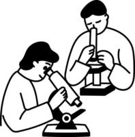 Hand drawn illustration of characters doing microscopic research vector