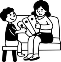 Hand drawn illustration of a son giving mother surprise vector