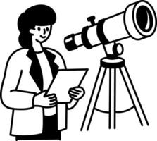 A hand drawn illustration of an astronomer character with large telescope vector