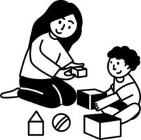 Mom and kid playing with blocks, hand drawn illustration vector