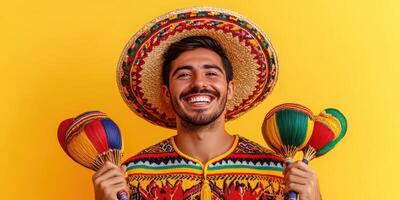 Young man enjoys festive celebration in colorful traditional attire with maracas and sombrero against bright yellow background photo