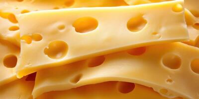 Slices of cheese arranged on a flat surface showcasing their distinctive holes and smooth texture photo