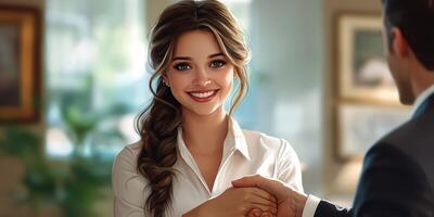 Smiling woman shakes hands with a man in a well-lit office during a professional meeting about business opportunities photo