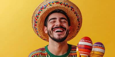Vibrant celebration with a joyful man wearing a sombrero and holding maracas against a bright yellow backdrop photo