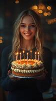 Birthday celebration with a smiling woman holding a candle-lit cake in a cozy indoor setting during the evening photo