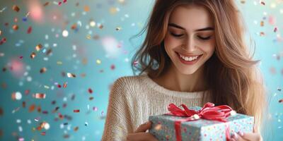 Joyful young woman unwrapping a colorful gift amidst confetti in a festive setting photo