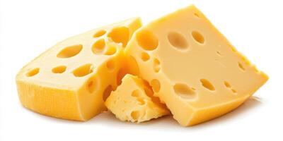 Blocks of yellow cheese with holes displayed on a plain background, highlighting their texture and appearance photo