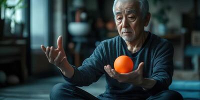 Elderly man practices mindfulness while balancing an orange ball at home during afternoon light photo