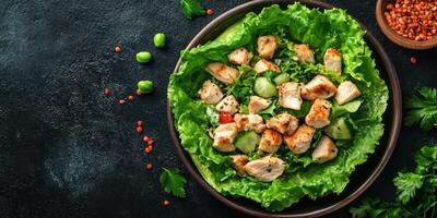 Fresh grilled chicken salad with vibrant greens and colorful vegetables on a rustic table photo