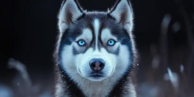 Captivating husky with striking blue eyes gazes into the distance in a winter setting with soft snowflakes falling photo