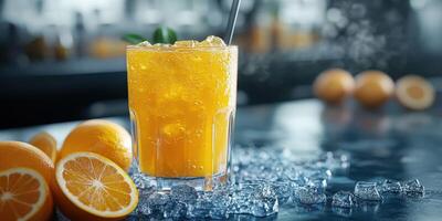 Refreshing citrus drink with ice and fresh oranges on a bar counter in a vibrant setting photo