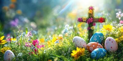 Colorful Easter eggs and a floral cross adorn a sunny spring meadow with blooming flowers and greenery photo