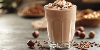 Delicious creamy beverage topped with whipped cream and chocolate, perfect for cozy moments at a cafe photo