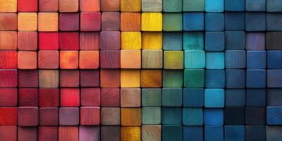 Colorful arrangement of wooden blocks forms a vibrant mosaic pattern displaying various hues and shades photo