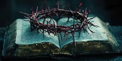 Spiritual symbolism presented through a Bible and a crown of thorns in a reflective setup photo