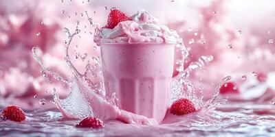 Refreshing raspberry smoothie splashes in bright pink setting with whipped cream topping and fresh berries photo