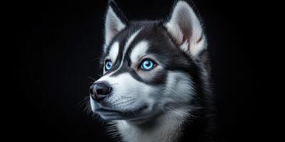 Beautiful husky with striking blue eyes poses against a dark background highlighting its unique features photo