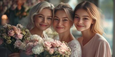 Smiling women of different ages holding flower bouquets in a cozy indoor setting during daytime photo