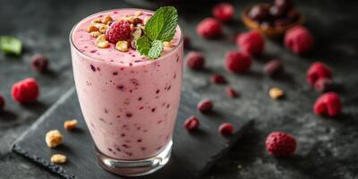 Refreshing raspberry smoothie topped with granola and mint leaves on a dark textured surface photo