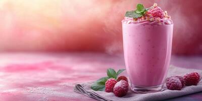 Refreshing raspberry smoothie served in a glass with mint garnish in a cozy setting photo