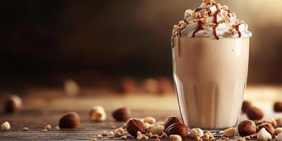 Creamy hazelnut drink topped with whipped cream and nuts sits on wooden table in warm light photo